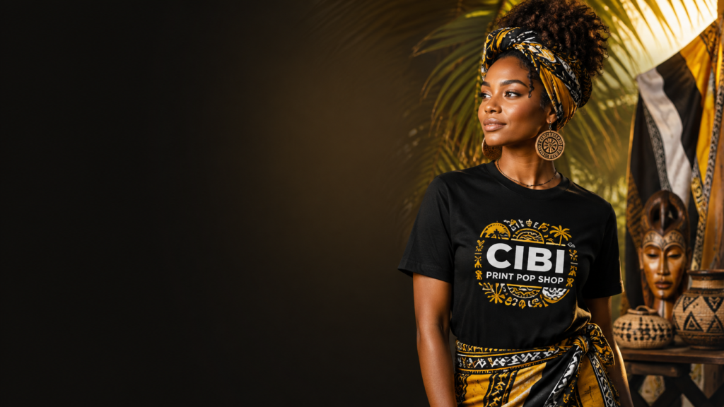 CIBI Print Pop Shop cultural fashion banner featuring a woman in Garifuna-inspired apparel